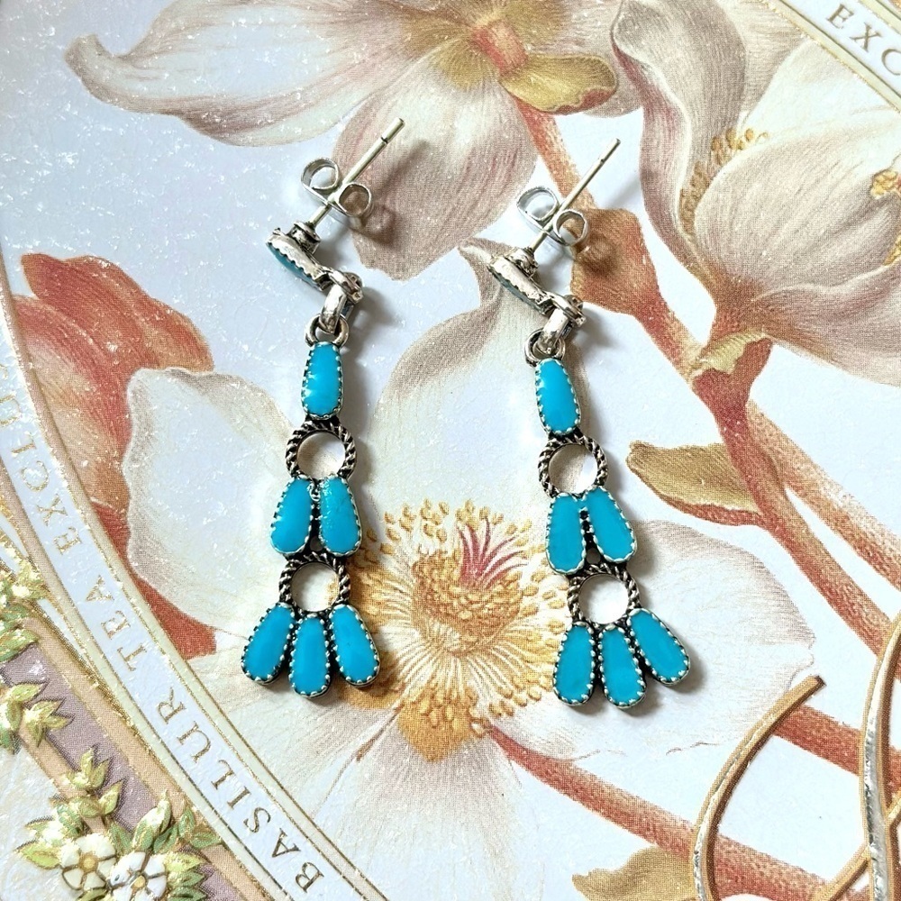 SOLD Boho String Blue & Silver Tone Beaded Stud Earrings - Picture 5 of 7
